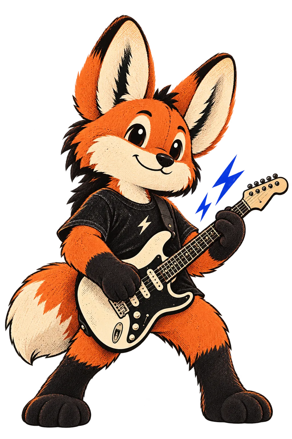Aru, nosso lobo-guará mascote, com camiseta de rock e guitarra