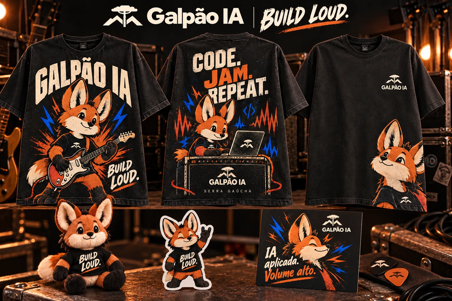 Coleção conceitual de camisetas pretas, adesivo e pelúcia do Aru com visual de rock